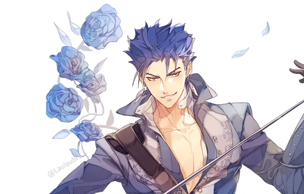 Smile, roses, Lancer, guy, blue roses, Fate / Stay Night, Fate stay Night