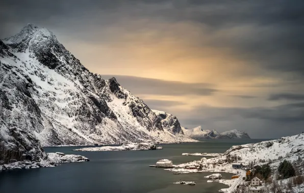 Winter, sea, snow, mountains, stones, rocks, shore, Norway