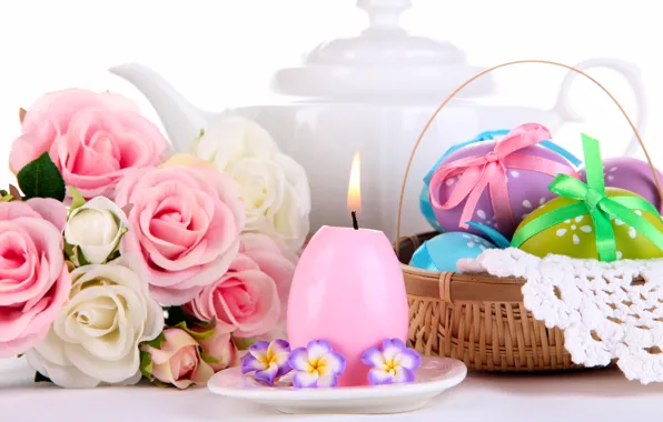 Flowers, roses, candle, eggs, bouquet, Easter, basket, eggs