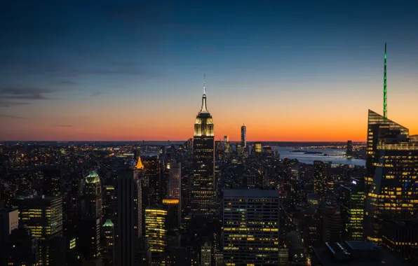 The sky, New York, twilight, Manhattan, The Empire state building, One World Trade Center, United …