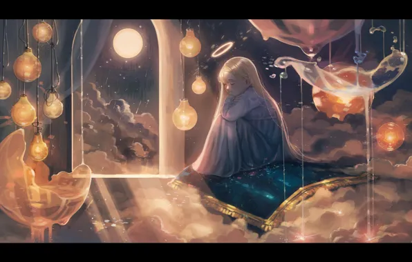 Clouds, night, the moon, carpet, fantasy, sleeping, girl, halo