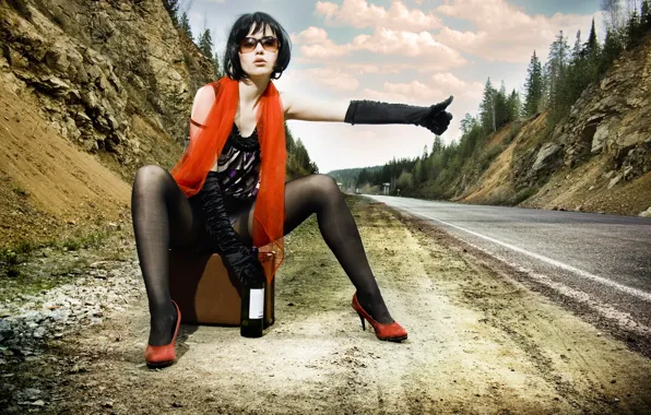 Road, bottle, Girl, hitchhiking