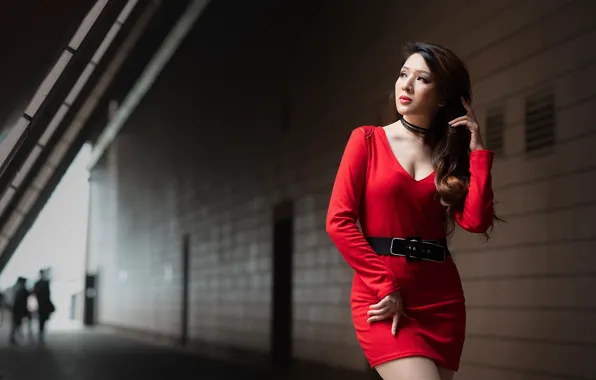 Picture girl, dress, Asian, in red