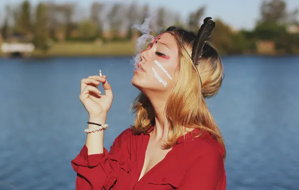 Picture girl, the sun, pose, river, background, pen, model, smoke
