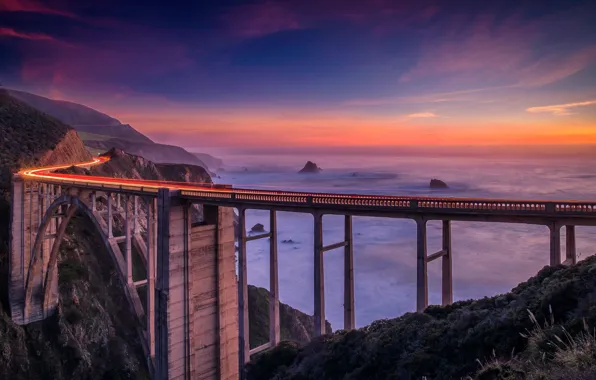 Road, landscape, sunset, mountains, bridge, fog, the ocean, coast