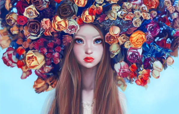 Girl, Beautiful, Art, Flowers, Eyes, Face, Maka Zedelashvili