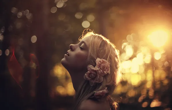 The sun, flowers, hair, lips, sunshine, flowers, bokeh, bokeh