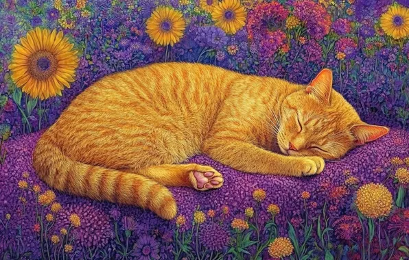 Cat, cat, sunflowers, flowers, glade, sleep, yellow, red
