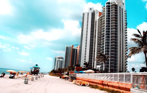 Sand, sea, beach, the sky, the city, palm trees, stay, blue