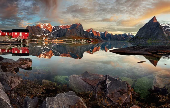 The sky, water, clouds, mountains, reflection, stones, rocks, shore