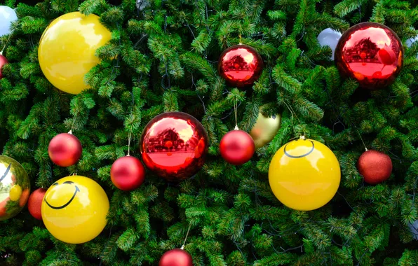 Balls, branches, Shine, yellow, Christmas, red, New year, needles