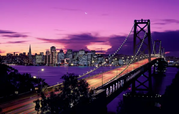 Sunset, The moon, San-Francisco, Oakland_Bay_Bridge, Illumination