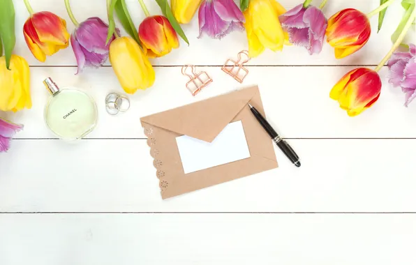 Letter, flowers, spring, perfume, colorful, handle, tulips, fresh