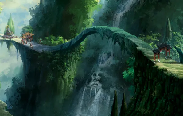 Bridge, Figure, Waterfall, Trees
