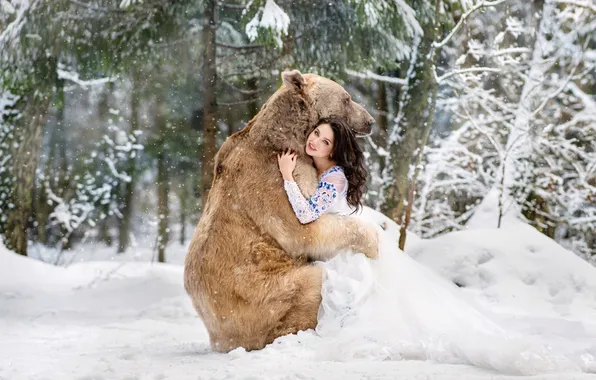 Winter, forest, look, girl, snow, branches, nature, pose