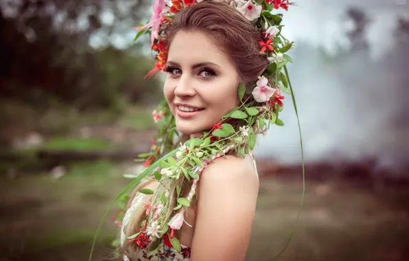 Picture look, flowers, background, model, portrait, makeup, dress, hairstyle