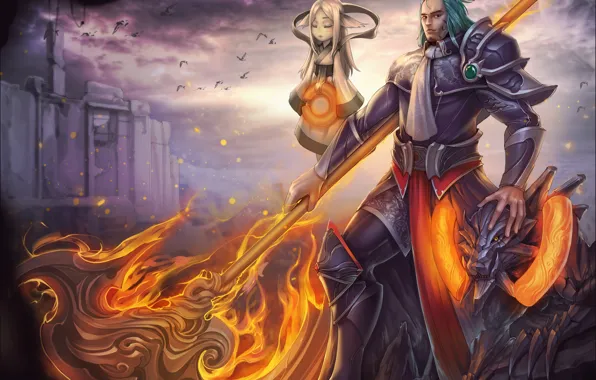 Girl, fire, magic, warrior, art, MAG, male