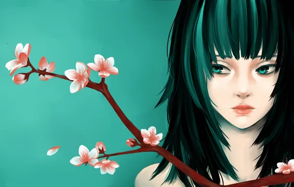 Picture girl, flowers, face, background, branch, art, peach