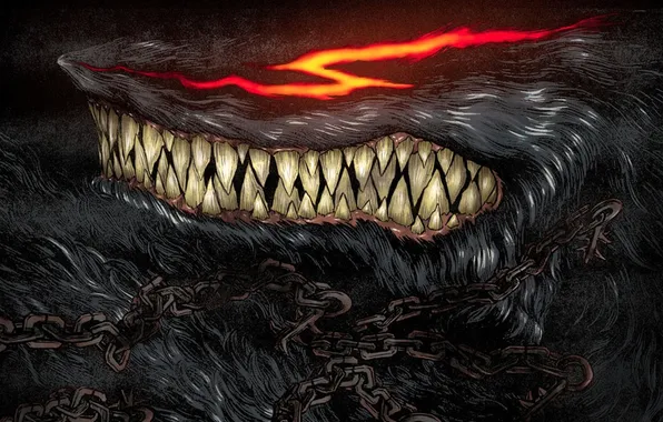 Picture eyes, fire, wolf, wool, mouth, fangs, chain