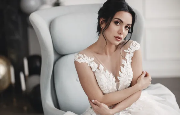 Girl, pose, room, white, chair, hands, makeup, dress