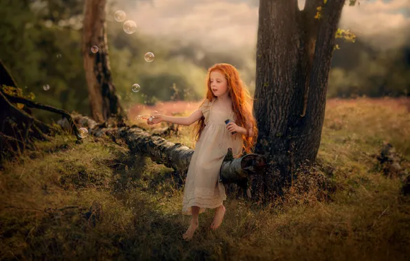 FOREST, TREE, GREENS, GIRL, GLADE, BUBBLES, SOAP, REDHEAD