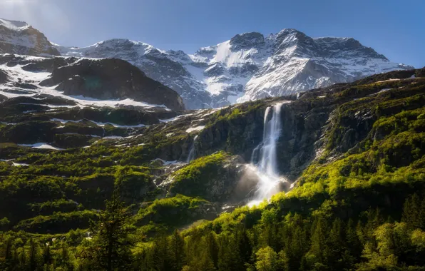 Wallpaper light, snow, mountains, waterfall, tops, stream, the sky, rocks