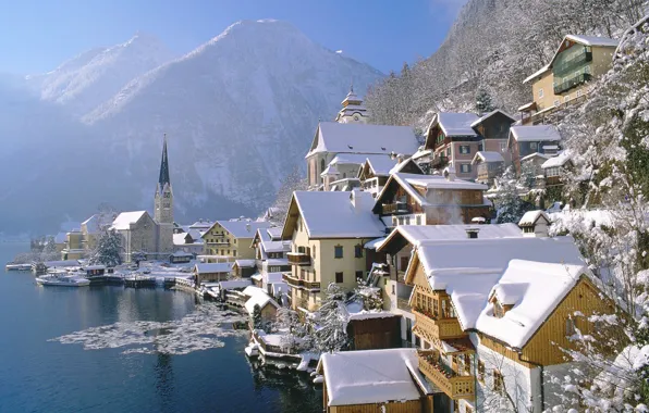 Ice, winter, water, snow, mountains, branches, the city, home