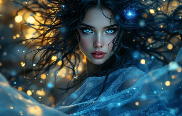 Girl, light, face, lights, lights, fantasy, brunette, fabric