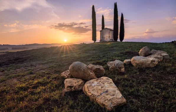Stones, hills, Italy, cypress, Tuscany