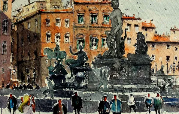 The city, picture, watercolor, the urban landscape, Nice, place Massena, Maximilian DAmico