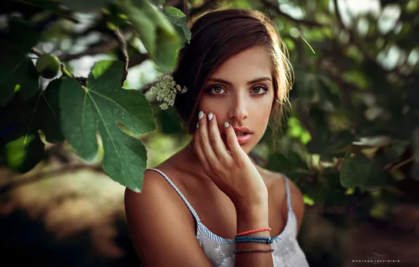 Look, leaves, branches, pose, model, portrait, makeup, hairstyle