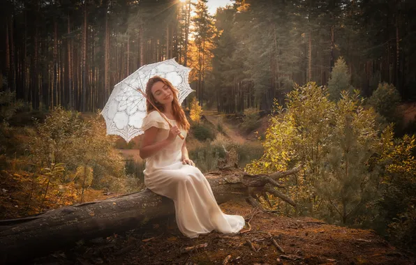 Wallpaper Model Anna, greenery, dress, nature, forest, umbrella