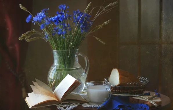 Flowers, bouquet, milk, bread, book, still life, cornflowers