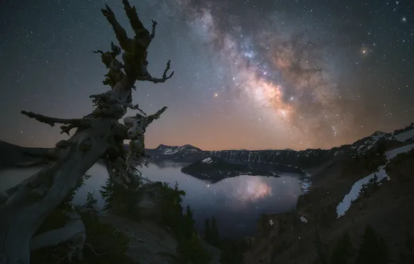 The sky, space, mountains, night, height, snag, the milky way, pond
