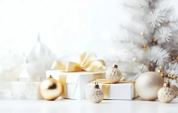 Balls, branches, silver, Christmas, white background, New year, needles, light background