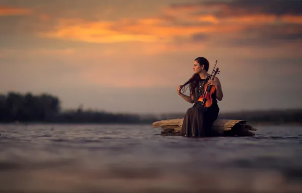 Picture water, girl, violin, Silence, bokeh