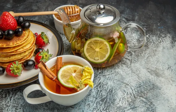 Berries, table, tea, kettle, strawberry, plate, grapes, the tea party