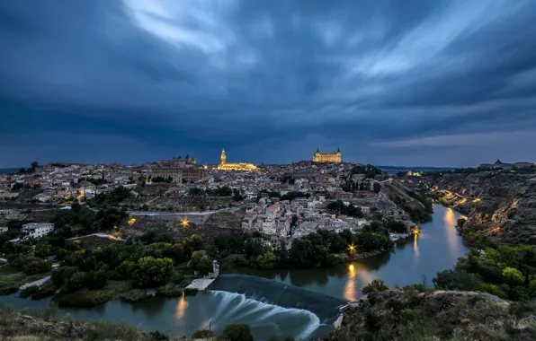The sky, clouds, night, lights, river, home, Spain, Toledo