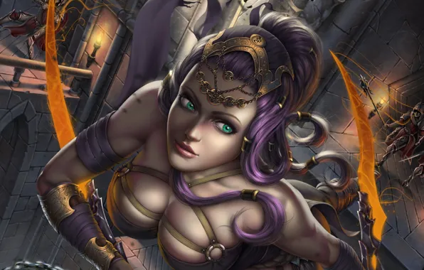 Girl, fantasy, castle, anime, art, fortress, assassin