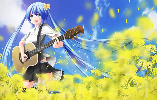 Field, girl, flowers, guitar, art, vocaloid, hatsune miku, musical instrument