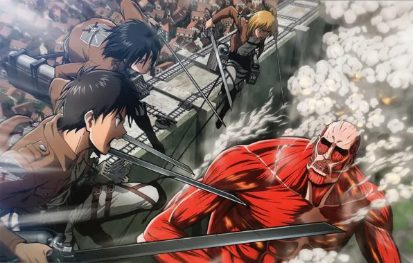 Wall, smoke, attack, giant, swords, art, military uniform, Mikasa Ackerman