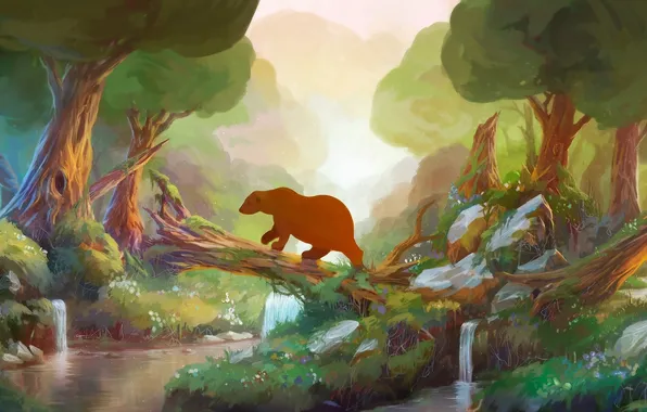 Forest, river, bear, art