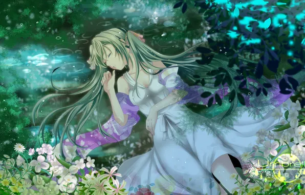 Leaves, water, girl, flowers, branch, tears, art, vocaloid