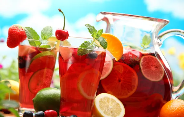 Cherry, lemon, orange, strawberry, lime, glasses, drink, pitcher