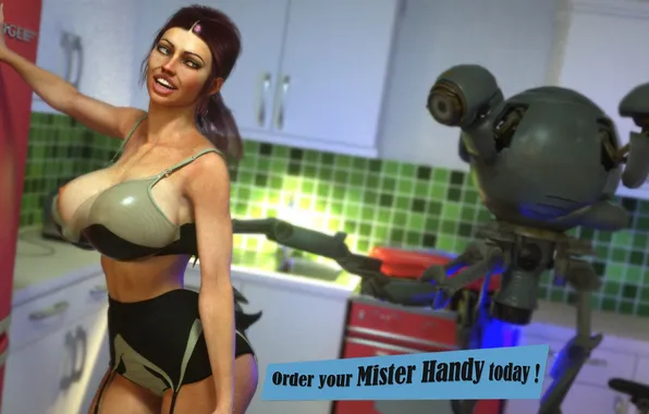 Chest, girl, linen, robot, refrigerator, kitchen, bra, fallout 4
