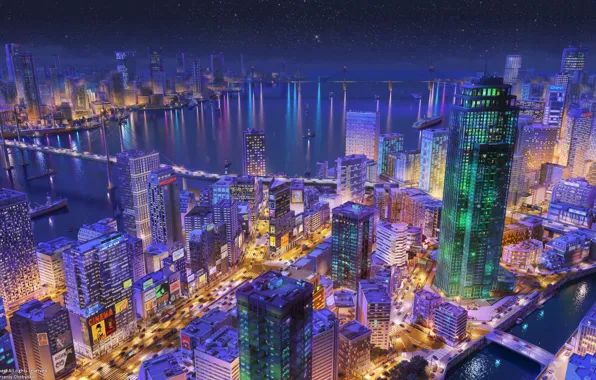 Road, Bridge, Night, The city, River, Street, Machine, Building