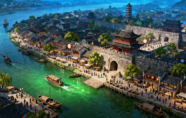 Picture city, wall, river, people, boats, temple, fantasy city