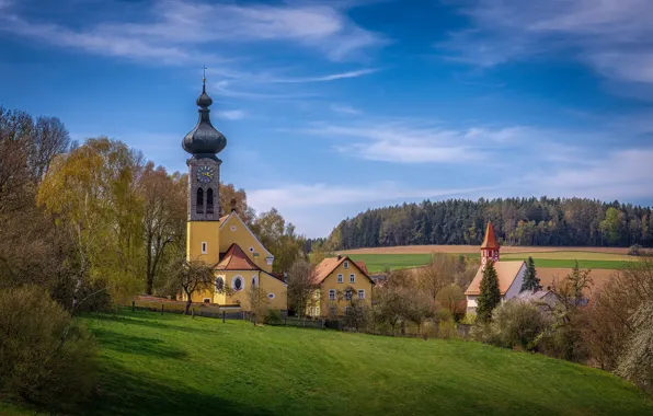 Landscape, nature, home, spring, Germany, Bayern, forest, Church