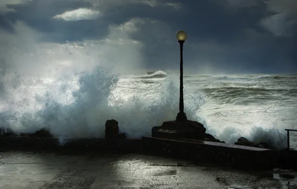 Sea, wave, squirt, storm, lantern, promenade