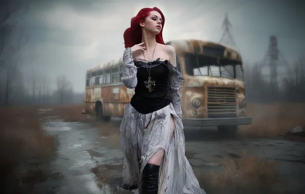 Picture girl, Gothic, cross, boots, dirt, puddles, bus, the roads